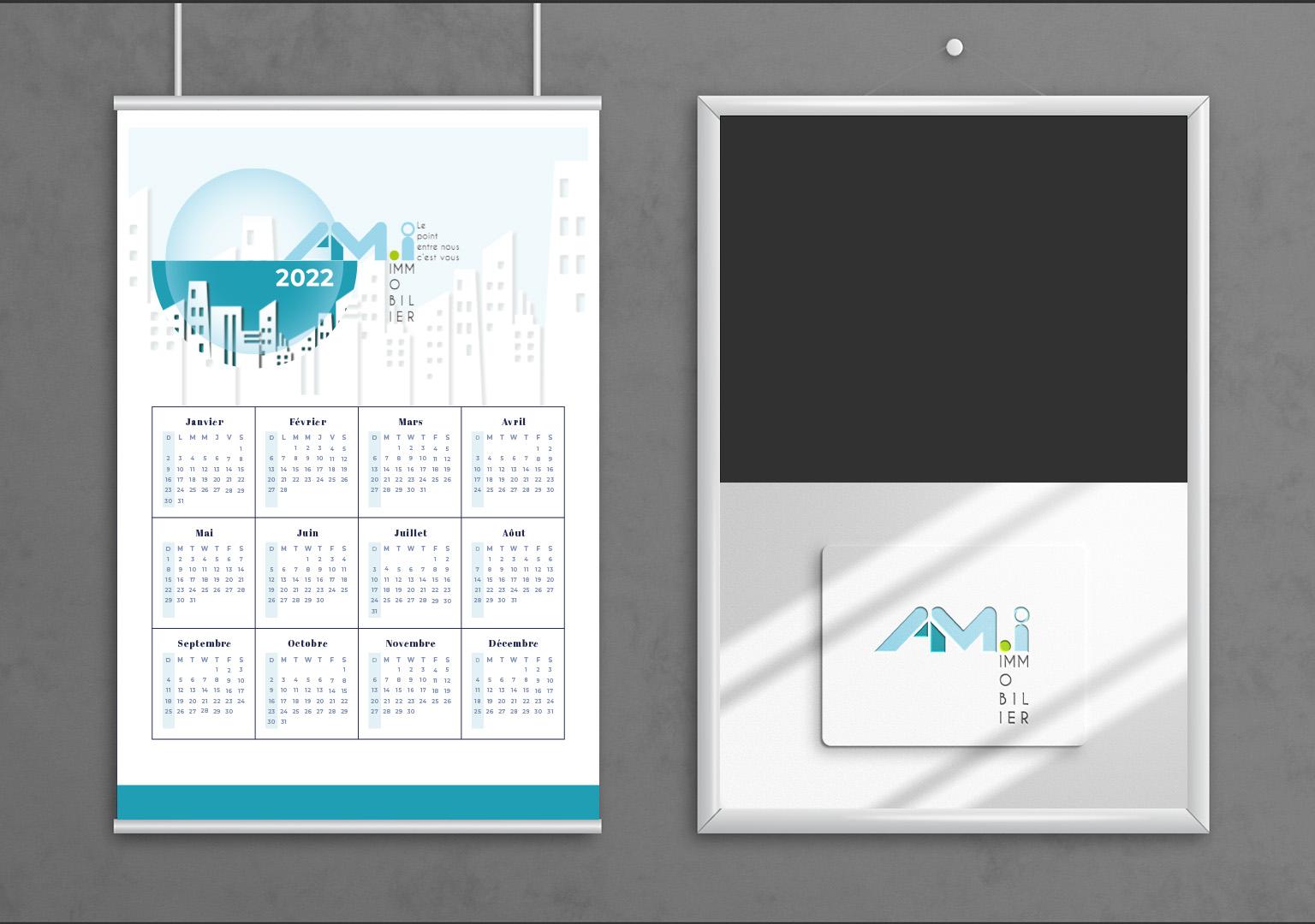 Mockup de mise en situation d'un calendrier et d'une carte de visite pour une agence immobilière