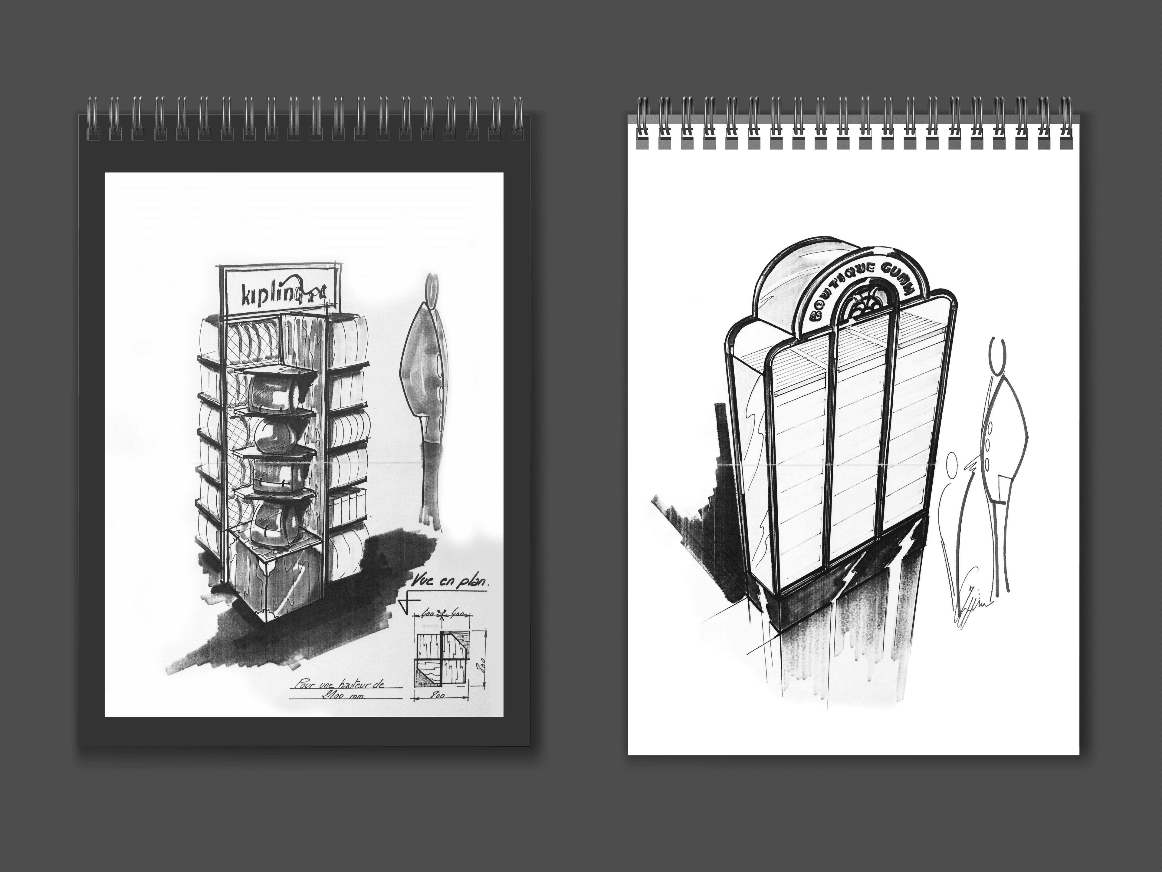 Mockup de carnets de croquis représentant  deux perspectives à main levées de projets pour des présentoirs