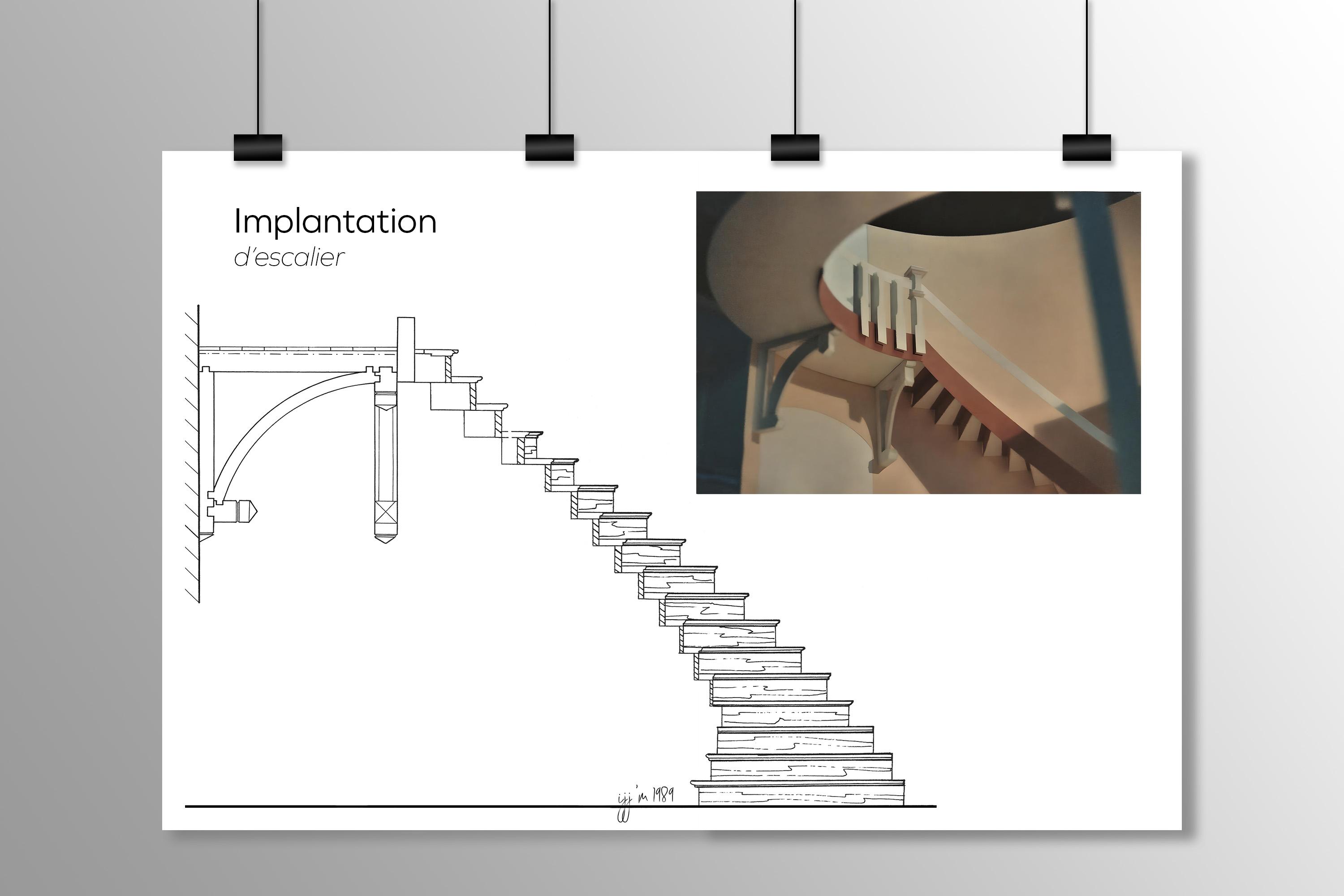 Elévation et maquette de l'escalier balancé destiné au donjon