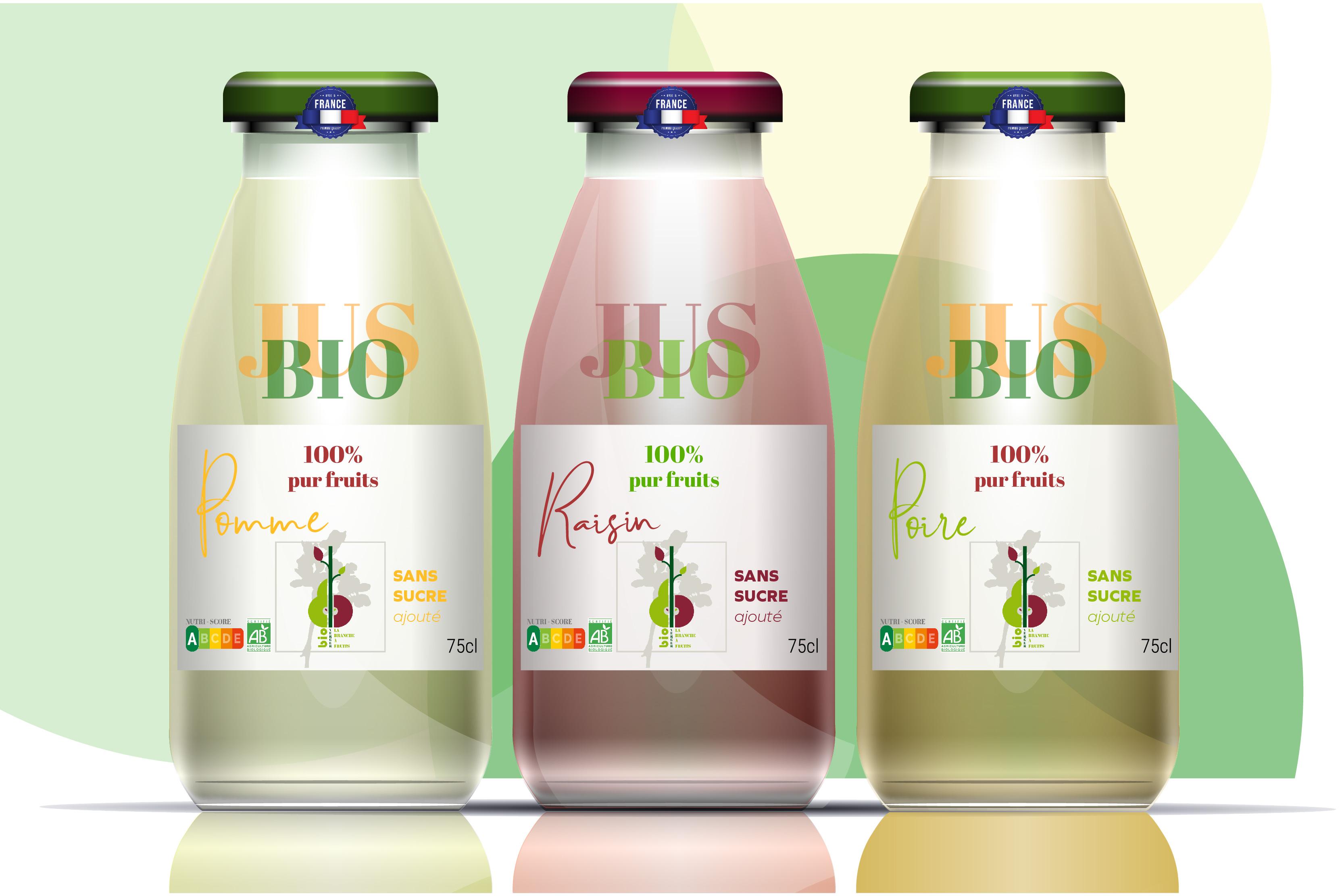 Présentation de trois bouteilles de jus de fruits BIO 100%  pur jus , de pommes, de raisin, et de poires.