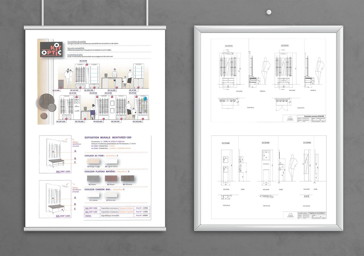 Présentation sur deux cadres muraux sur fond matière grise représentant des plans d'agencement pour des magasins d'optique