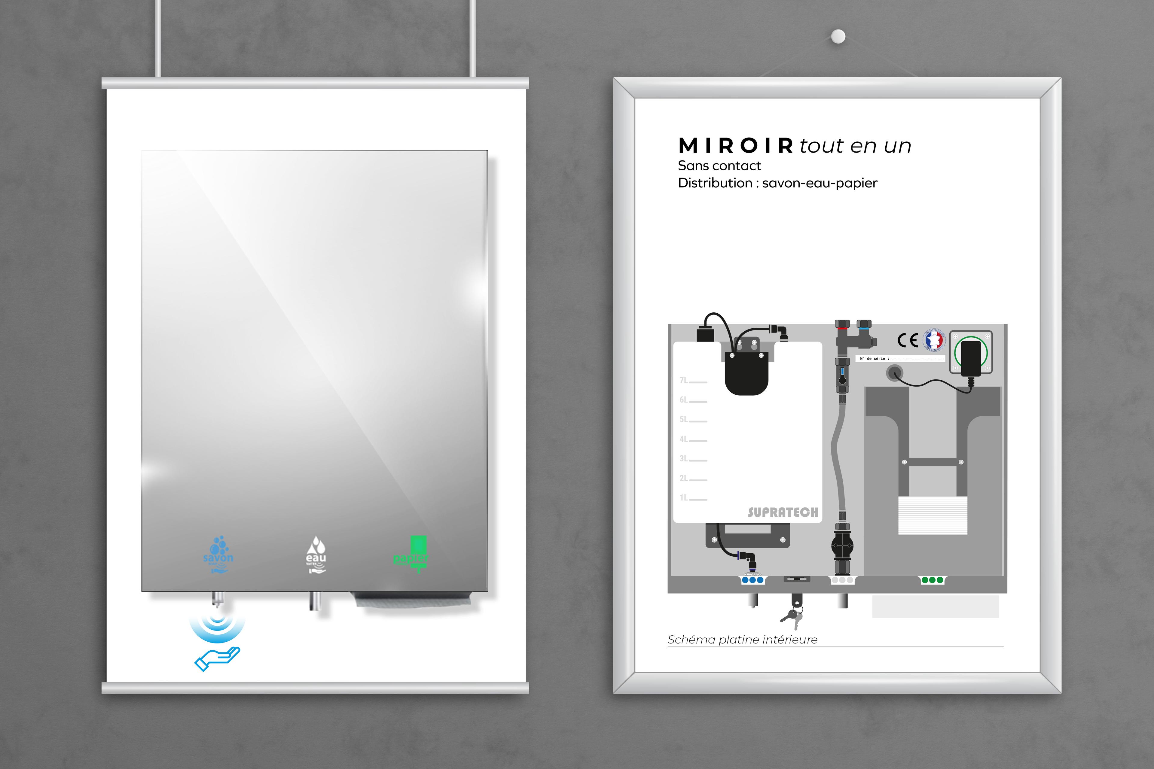 Mockup de présentation sur deux cadres muraux d'un module miroir sans contact et du schéma de la platine intérieure