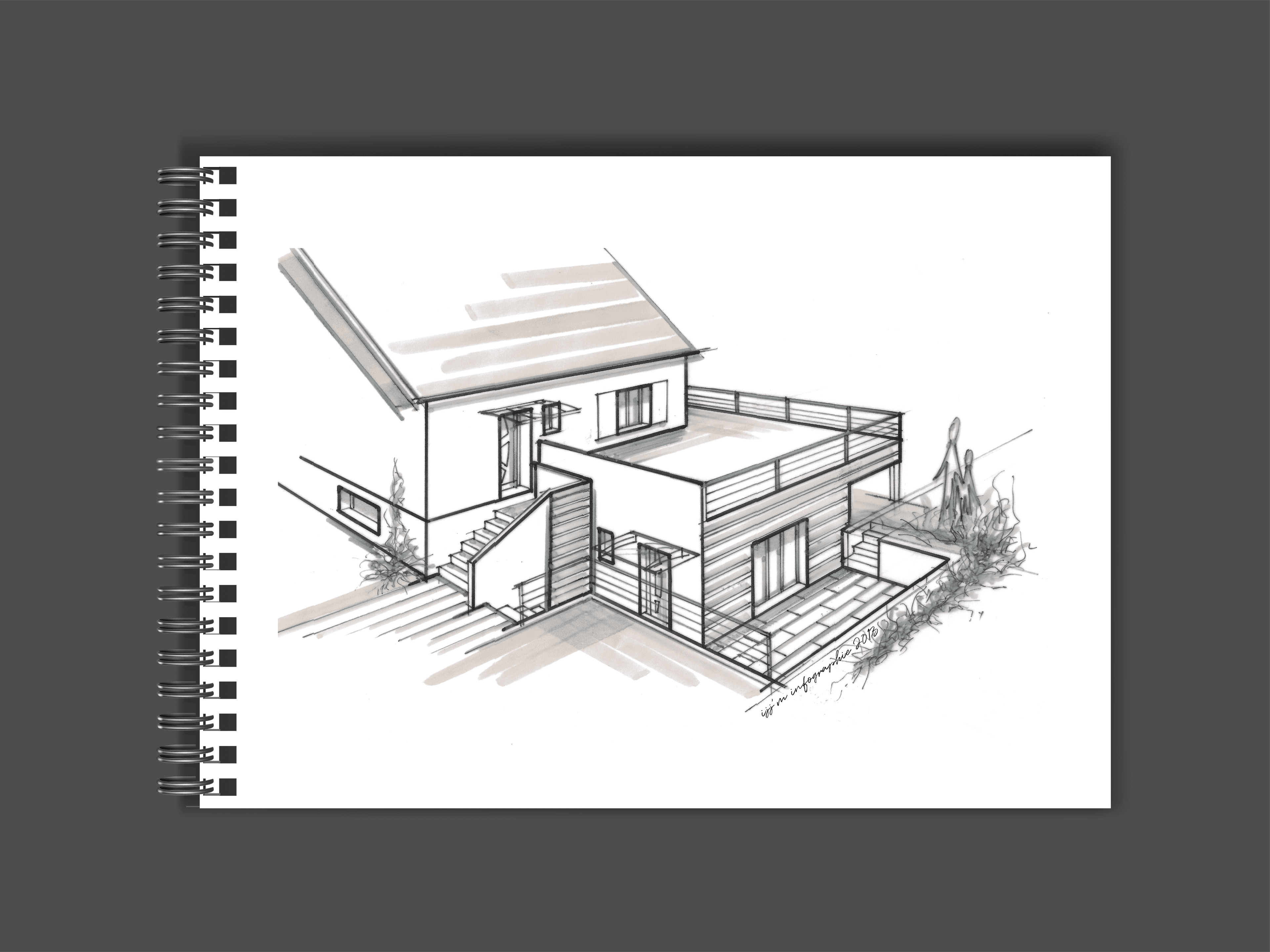 Mockup d'un carnet de croquis d'une perspective à main levée de l'extension d'un pavillon en toit terrasse