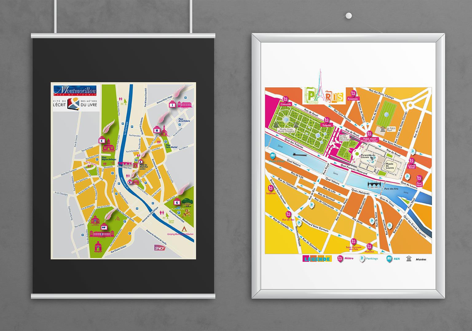 Mise en page de deux plans de villes, accès centre Montmorillon et accès Louvre à Paris