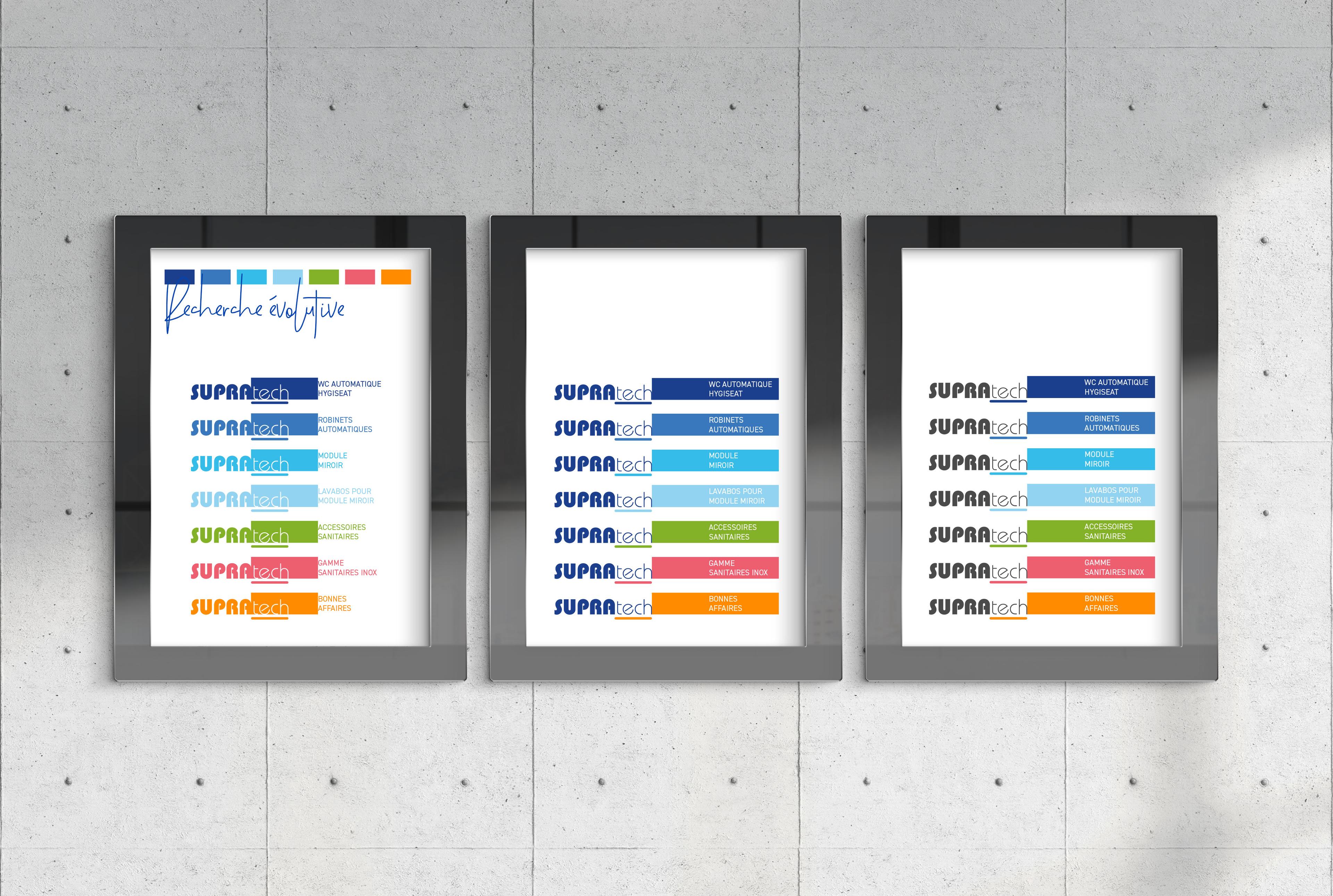 Présentation sur 3 cadres métalliques muraux d'une étude dévolution possible pour le logo de Supratech version codes couleurs pour le site web