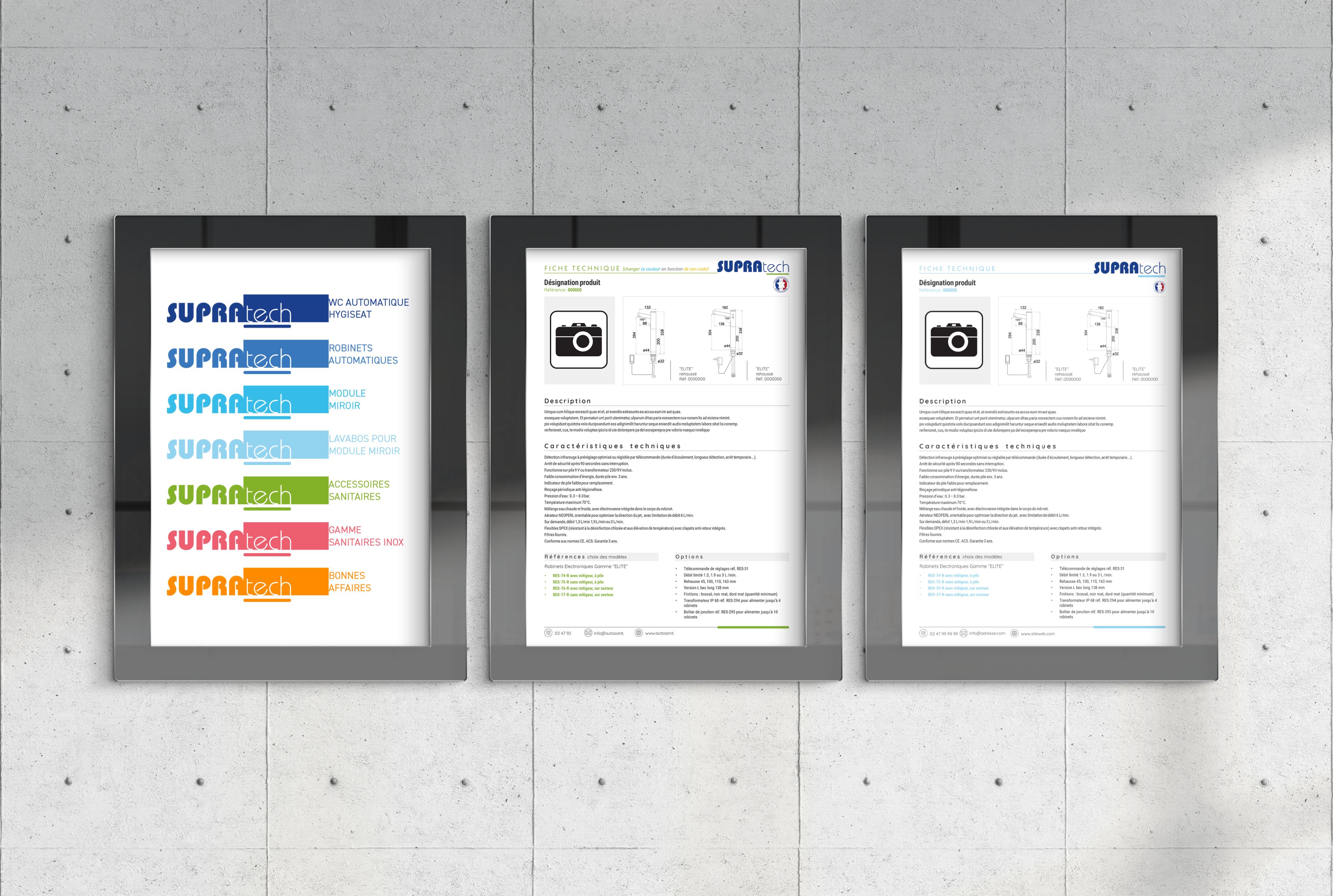 Mockup de trois cadres muraux représentant les codes couleurs de la gamme produits et la mise en page des gabarits de fiche technique