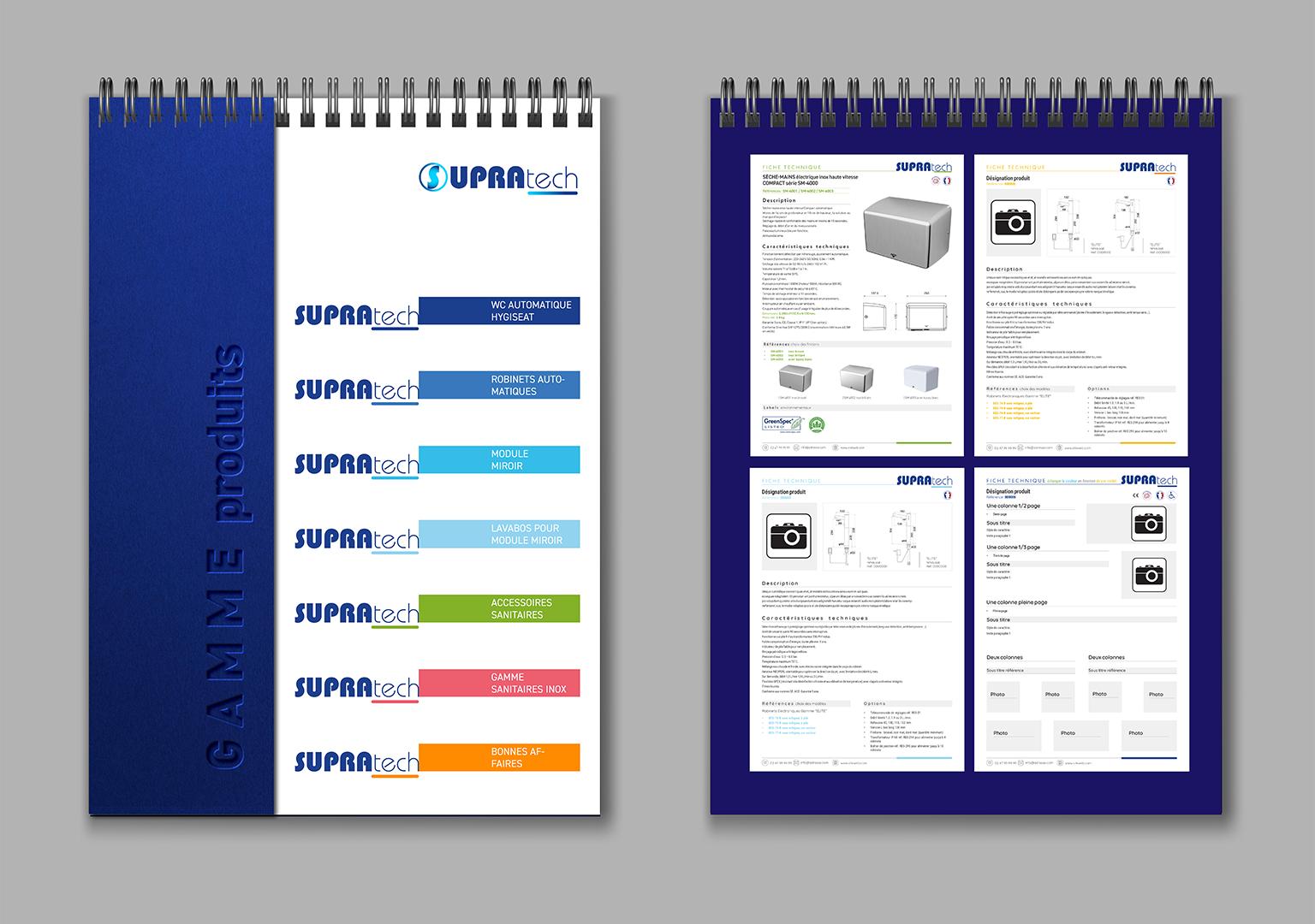 Présentation de deux carnets de croquis présentant les codes couleurs de chaque famille de produits et l'intégration sur les entêtes de fiches techniques