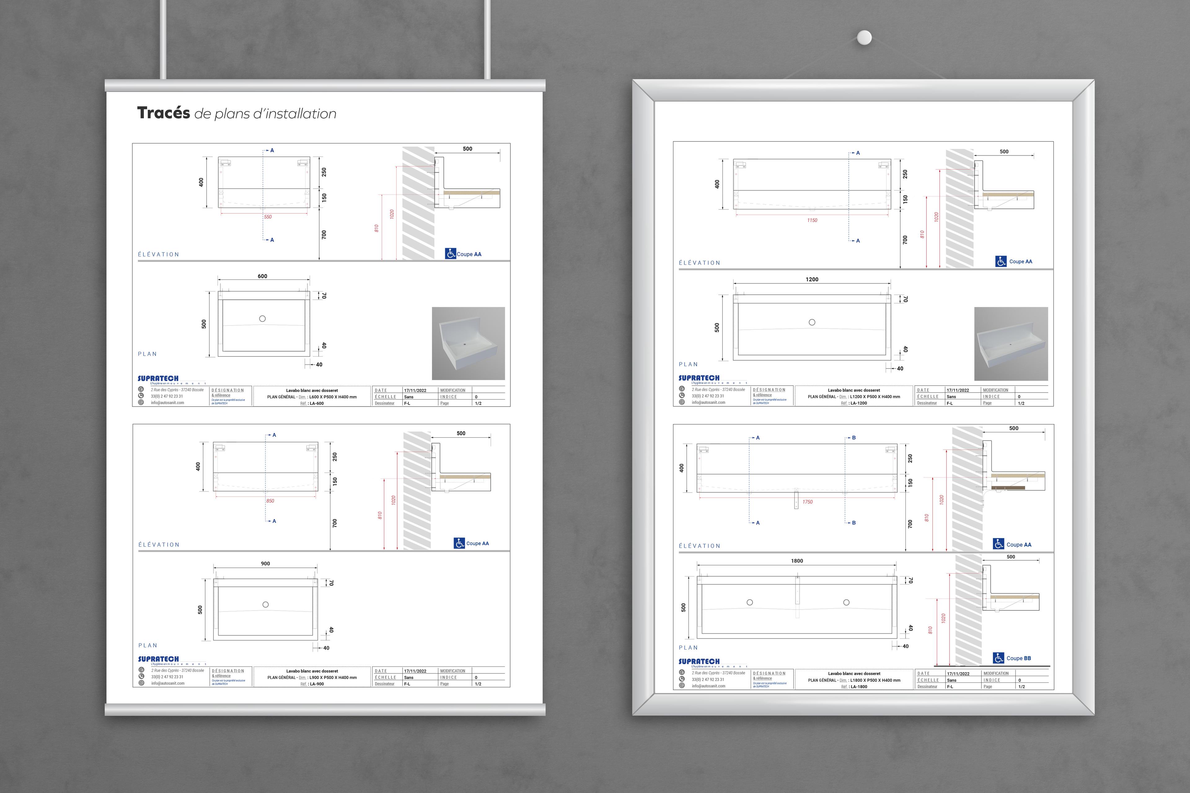 Présentation sur deux cadres muraux en aluminium, de tracés de plans d'installation ,pour un lavabo avec dosseret, décliné dans plusieurs dimensions